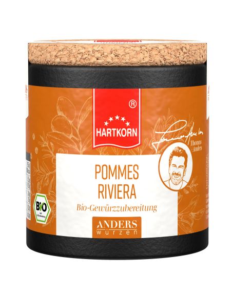 Eine Pappdose mit Korkdeckel und orangefarbenem Etikett mit der Aufschrift „Pommes Riviera“. Eine Pappdose mit Korkdeckel und orangefarbenem Etikett mit der Aufschrift „Pommes Riviera“.