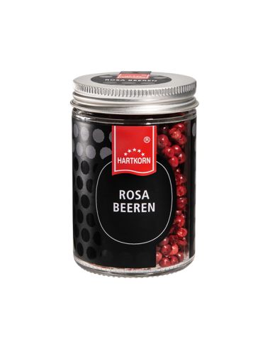 Rosa Beeren (Glas): Rundes Glas mit roten Beeren und schwarzem Etikett.