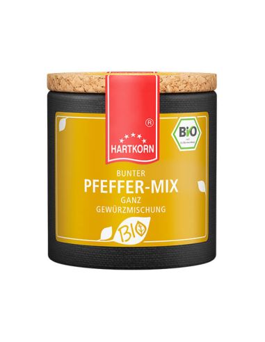 Gelbes Etikett auf schwarzem Töpfchen mit Korkdeckel.