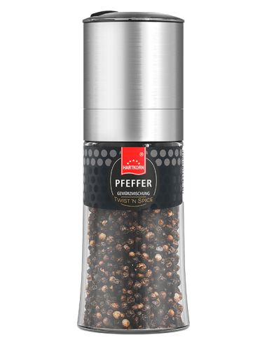 Pfeffermühle mit silbernem Kopf und schwarzem Etikett.