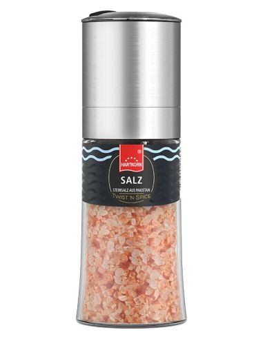 Salzmühle Twist 'n Spice
Große Mühle mit silbernem Kopf und rosa Kristallsalz.
