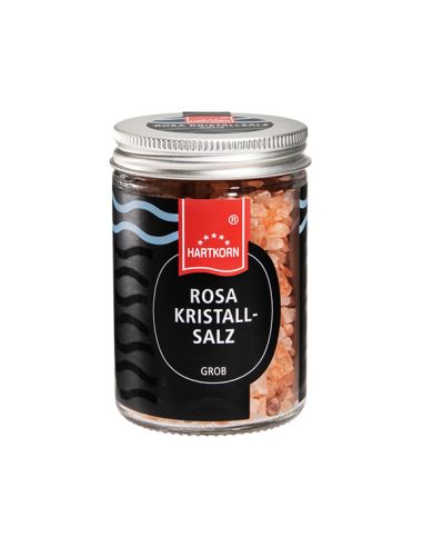 Rosa Kristallsalz im Glas
Grobes rosafarbenes Kristallsalz im Schraubglas mit schwarzem Etikett.
