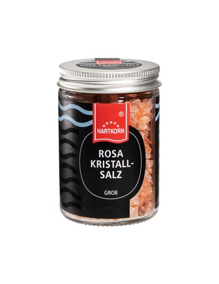 Rosa Kristallsalz im Glas
Grobes rosafarbenes Kristallsalz im Schraubglas mit schwarzem Etikett.