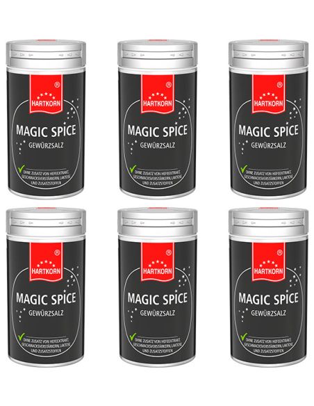 Sechs schwarze Dosen mit silbernem Deckel mit der Aufschrift „MAGIC SPICE“.