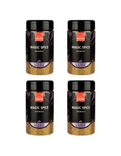 Sechs schwarze Gewürzdose mit goldgelbem Inhalt und der Aufschrift „MAGIC SPICE“.