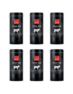 Sechs schwarze Dosen „Steak Rub“ mit weißem Tiermotiv und rotem Etikett, gleichmäßig angeordnet