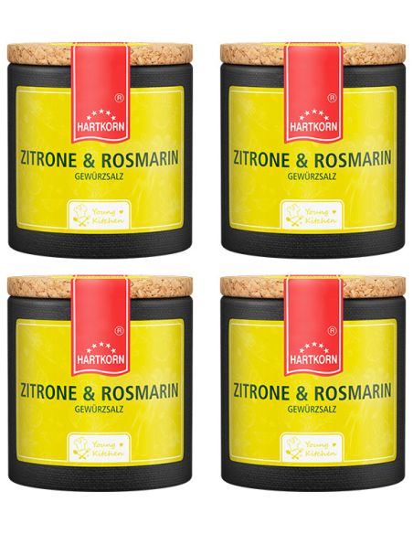 Vier schwarze Keramiktöpfchen mit gelbem Etikett und rotem Band, Aufschrift: „Zitrone & Rosmarin“.