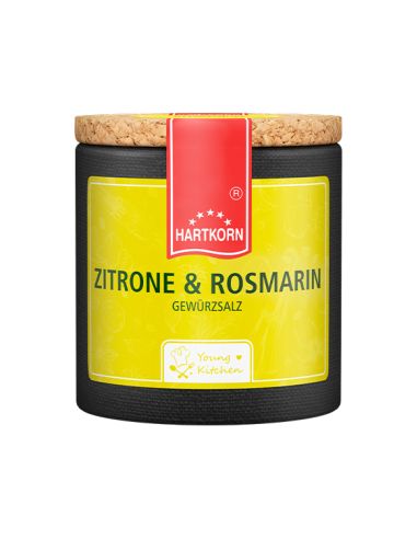 Schwarze Pappdose mit gelbem Etikett und rotem Band, Aufschrift: „Zitrone & Rosmarin“.