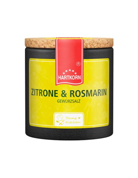 Schwarze Pappdose mit gelbem Etikett und rotem Band, Aufschrift: „Zitrone & Rosmarin“.