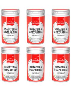 Sechs rote Gewürzstreuer mit der Aufschrift „Tomaten & Mozzarella Gewürzsalz“, in zwei Reihen angeordnet.