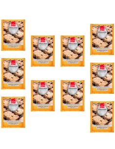 Zehn orange-gelbe Flachbeutel mit der Aufschrift „Spekulatius“ und Keksabbildung, gleichmäßig angeordnet.