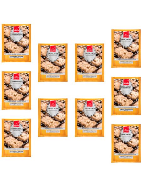 Zehn orange-gelbe Flachbeutel mit der Aufschrift „Spekulatius“ und Keksabbildung, gleichmäßig angeordnet.