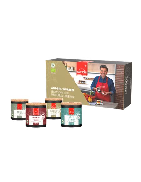 Geschenkbox mit Thomas Anders und vier verschiedenen Pappdosen davor aufgereiht.