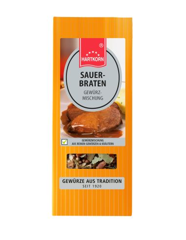 Orangefarbene Tüte mit ovalem Etikett mit der Aufschrift " Sauerbraten", abgebildet ist ein Bratengericht.