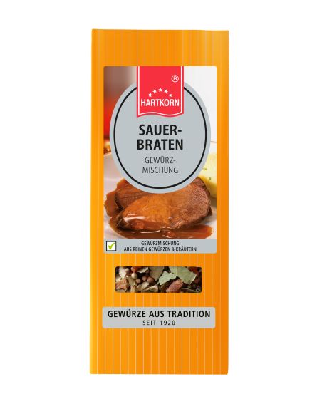 Orangefarbene Tüte mit ovalem Etikett mit der Aufschrift " Sauerbraten", abgebildet ist ein Bratengericht. Orangefarbene Tüte mit ovalem Etikett mit der Aufschrift " Sauerbraten", abgebildet ist ein Bratengericht.