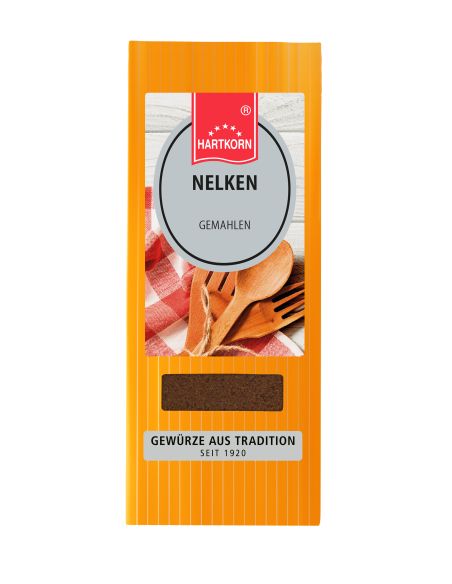 Orangefarbene Verpackung mit ovalem Etikett und der Aufschrift "Nelken" und Nelkenabbildung. Orangefarbene Verpackung mit ovalem Etikett und der Aufschrift "Nelken" und Nelkenabbildung.