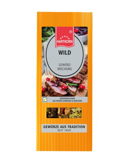 Orangefarbene Tüte mit ovalem Etikett und der Aufschrift "Wild" für Wildgerichte. Orangefarbene Tüte mit ovalem Etikett und der Aufschrift "Wild" für Wildgerichte.