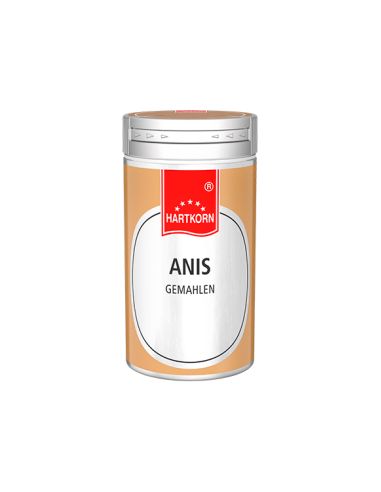 Silberner Gewürzstreuer mit rotem Deckel, Etikett mit Aufschrift „Anis gemahlen“.