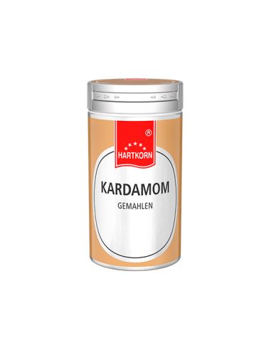 Silberner Gewürzstreuer mit rotem Deckel, Etikett mit Aufschrift „Kardamom gemahlen“.