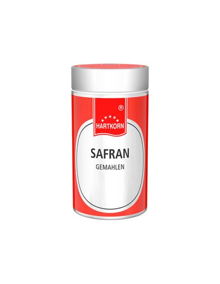 Silberner Gewürzstreuer mit rotem Deckel, Etikett mit Aufschrift „Safran gemahlen“. Silberner Gewürzstreuer mit rotem Deckel, Etikett mit Aufschrift „Safran gemahlen“.