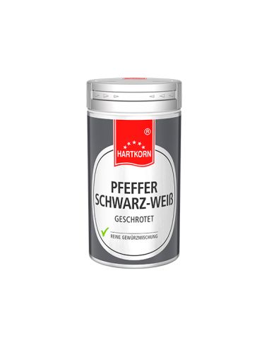 Pfeffer Schwarz-Weiß:
Weiße Gewürzdose mit grauem Etikett und rotem Hartkorn-Logo.