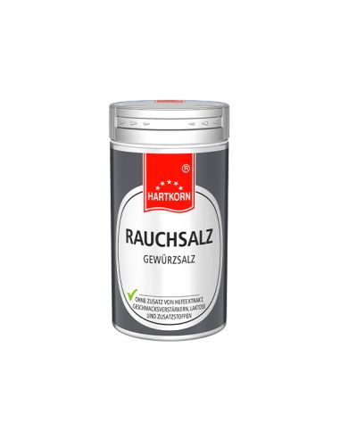 Rauchsalz Gewürzsalz:
Weiße Metalldose mit rotem Etikett, dunkelgrauem Hintergrund und grüner Check-Markierung
