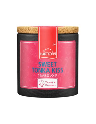 Schwarze Pappdose mit pinkem Etikett mit der Aufschrift „Sweet Tonka Kiss“.