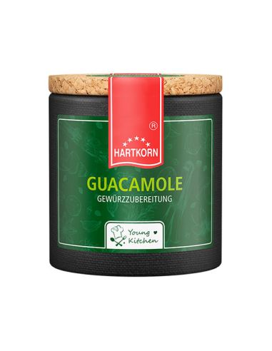 Schwarze Pappdose mit Grünem Etikett mit der Aufschrift „Guacamole“.