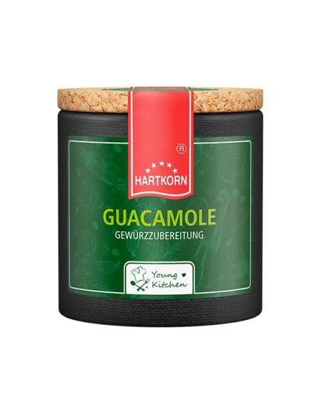 Schwarze Pappdose mit Grünem Etikett mit der Aufschrift „Guacamole“.