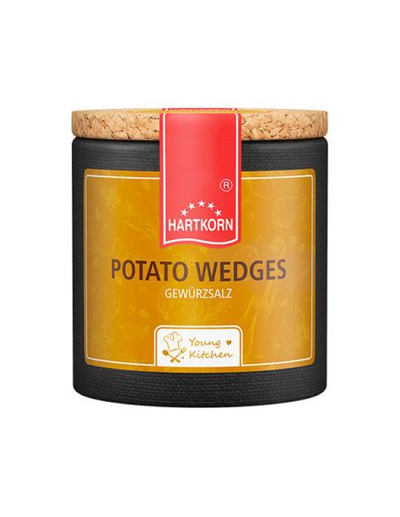 Schwarze Pappdose mit orangem Etikett mit der Aufschrift „Potato Wedges"