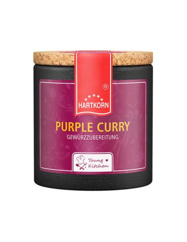 Schwarze Pappdose mit violettem Etikett mit der Aufschrift „Purple Curry“.