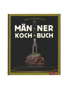Frontansicht des Buches mit schwarzem Cover, goldener Schrift „Männer Kochbuch“ und einer Gabel mit Fleisch als zentrales Motiv.