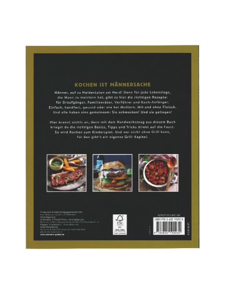 Rückseite des Buches mit Inhaltsbeschreibung und drei Beispielrezeptbildern.