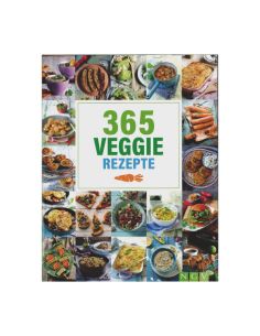 Buchcover mit dem Titel „365 Veggie Rezepte“ und zahlreichen bunten Gerichten rundherum.