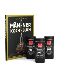 Ein Geschenkset bestehend aus dem schwarzen „Männer Kochbuch“ mit gelbem Rand und drei passenden schwarzen Gewürzdosen.