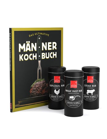 Ein Geschenkset bestehend aus dem schwarzen „Männer Kochbuch“ mit gelbem Rand und drei passenden schwarzen Gewürzdosen. Ein Geschenkset bestehend aus dem schwarzen „Männer Kochbuch“ mit gelbem Rand und drei passenden schwarzen Gewürzdosen.