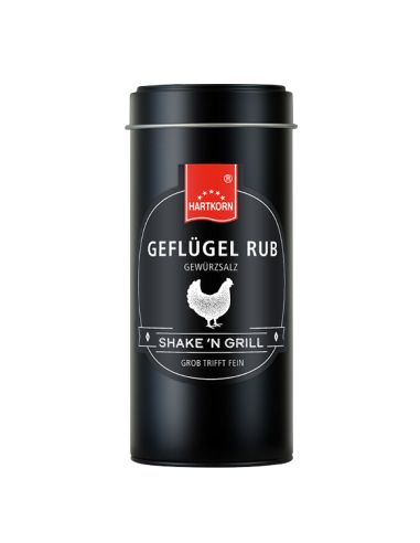 Schwarze Gewürzdose mit der Aufschrift „Geflügel Rub“ und einem weißen Hähnchen-Symbol auf dem Etikett.