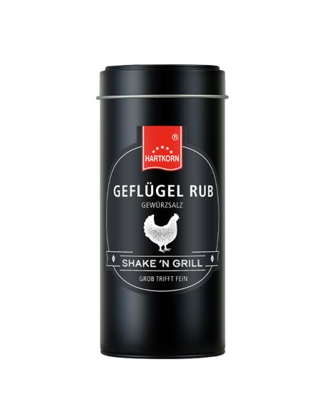 Schwarze Gewürzdose mit der Aufschrift „Geflügel Rub“ und einem weißen Hähnchen-Symbol auf dem Etikett. Schwarze Gewürzdose mit der Aufschrift „Geflügel Rub“ und einem weißen Hähnchen-Symbol auf dem Etikett.