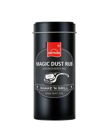 Schwarze Gewürzdose mit der Aufschrift „Magic Dust Rub“ und einem weißen Steak-Symbol auf dem Etikett. Schwarze Gewürzdose mit der Aufschrift „Magic Dust Rub“ und einem weißen Steak-Symbol auf dem Etikett.
