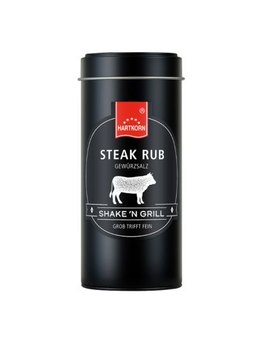 Schwarze Dose mit der Aufschrift „Steak Rub“ und einem weißen Rind-Symbol, für Grill- und Fleischliebhaber.
