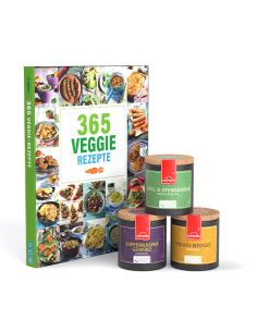 Geschenkset mit dem Kochbuch „365 Veggie Rezepte“ und drei Gewürzen. Ideal zum Verschenken oder selbst Ausprobieren.
