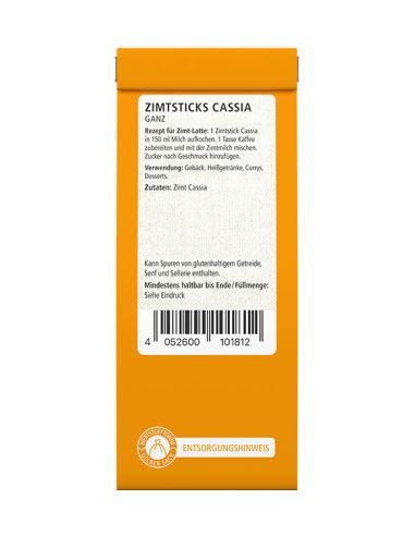 Rückseite eines orangefarbenen Flachbeutels mit Textfeld, Barcode und Entsorgungshinweis