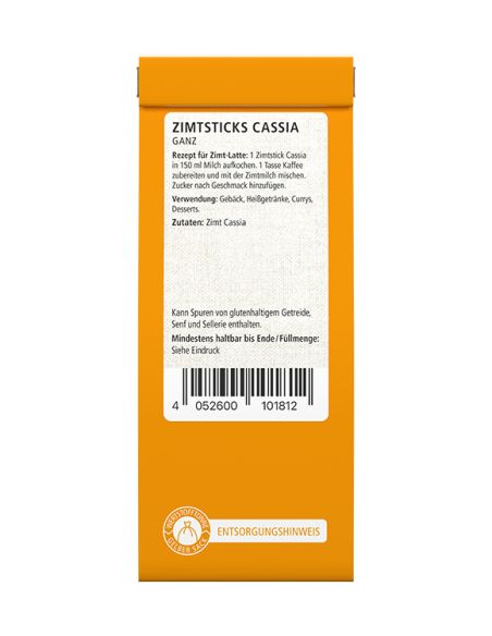 Rückseite eines orangefarbenen Flachbeutels mit Textfeld, Barcode und Entsorgungshinweis Rückseite eines orangefarbenen Flachbeutels mit Textfeld, Barcode und Entsorgungshinweis