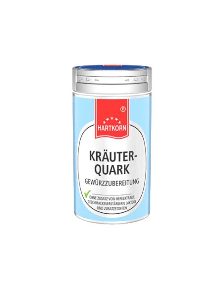 Gewürzdose von Hartkorn mit der Aufschrift 'Kräuterquark Gewürzzubereitung' auf hellblauem Etikett
