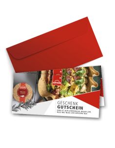 Gedruckter Hartkorn-Gutschein mit Motiv eines belegten Fladenbrots, Gewürzdose und rotem Umschlag im Hintergrund.