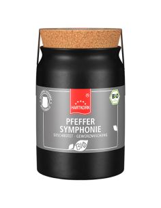 Schwarzes Keramiktöpfchen mit grauem Etikett und der Aufschrift „Pfeffer Symphonie geschrotet – Gewürzmischung“