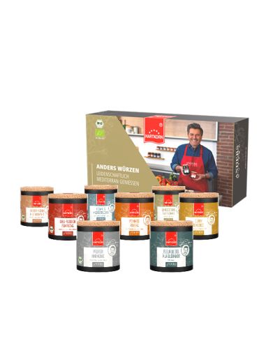 Achteiliges Gewürzset bestehend aus acht Gewürzen, präsentiert vor einer Gewürzbox mit dem Bild von Thomas Anders.