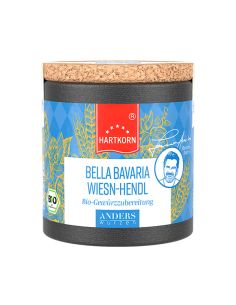 Hartkorn-Gewürzdose „Bella Bavaria Wiesn-Hendl“ mit Korkdeckel und blauem Etikett aus der Reihe „Anders würzen“.