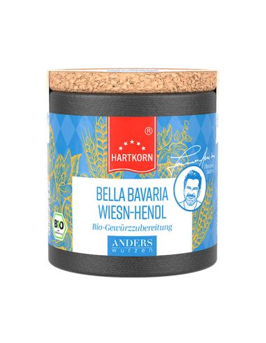 Hartkorn-Gewürzdose „Bella Bavaria Wiesn-Hendl“ mit Korkdeckel und blauem Etikett aus der Reihe „Anders würzen“.