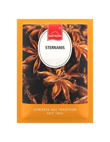 Gewürzbeutel mit der Aufschrift „Sternanis ganz“. Auf dem Etikett ist das rote Hartkorn-Logo zu sehen.